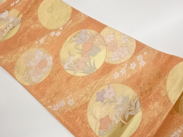 絽丸に菊・菖蒲模様織出し袋帯